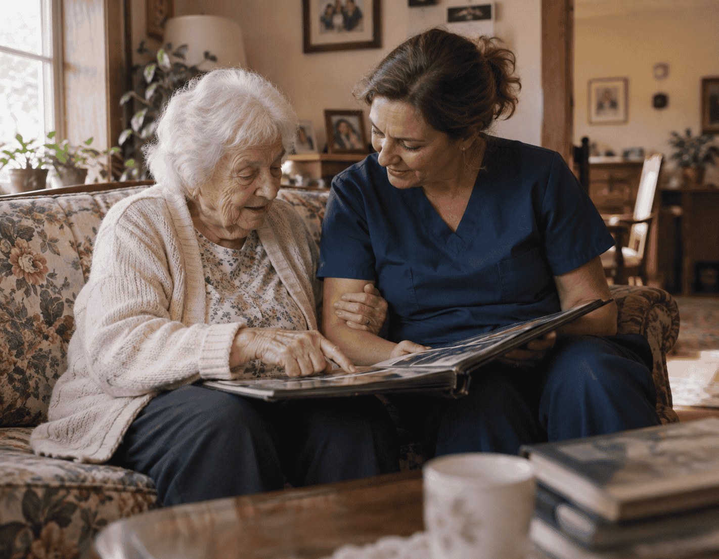 A caregiver sits beside an older woman on a floral sofa as they look at photographs together.
