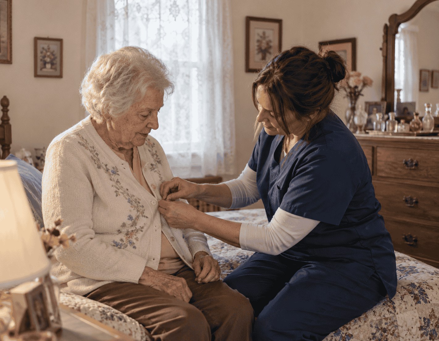 A caregiver helps an older woman fasten her cardigan while seated on the edge of her bed.