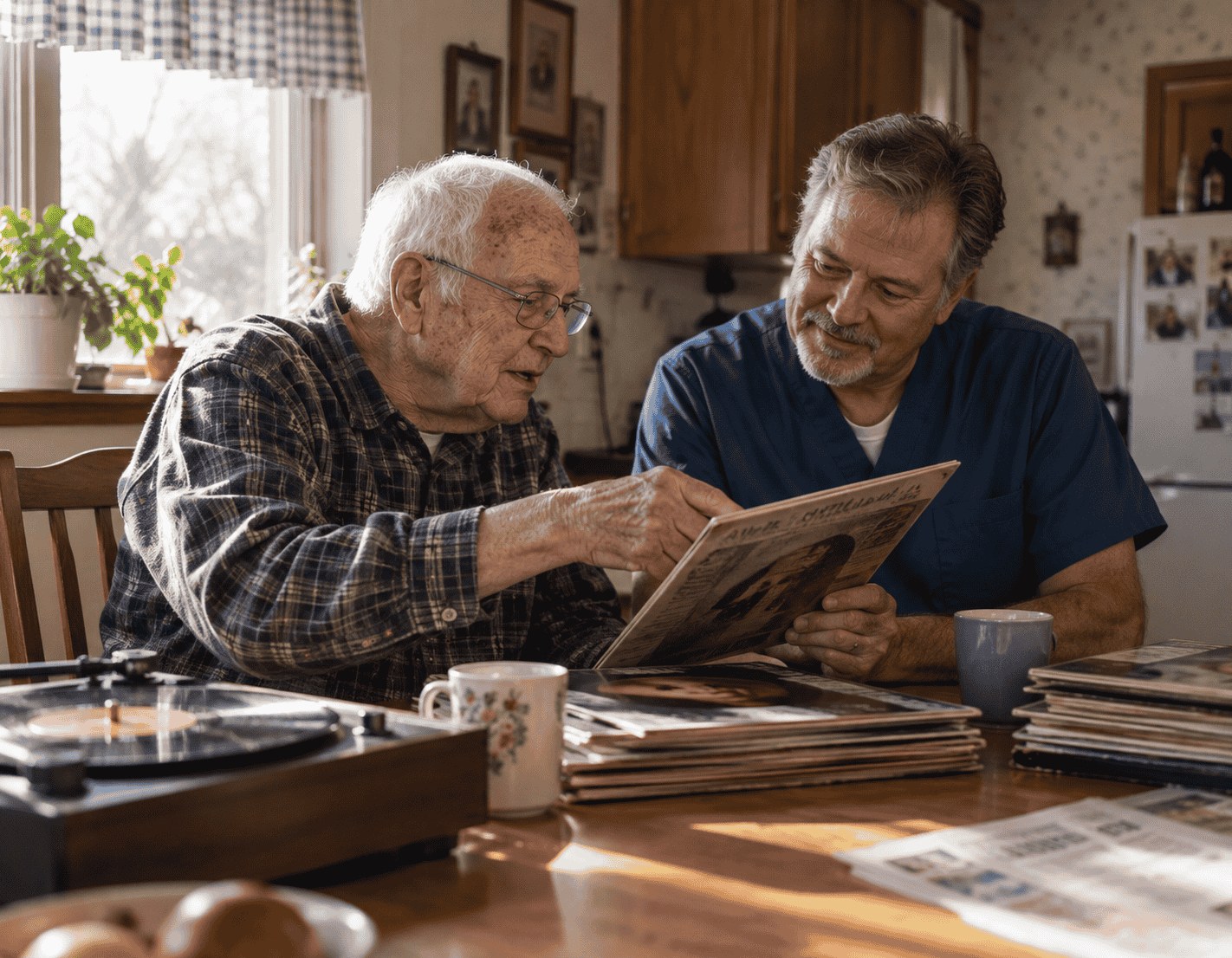 A caregiver and an older man sort through vinyl records together at a sunlit kitchen table.