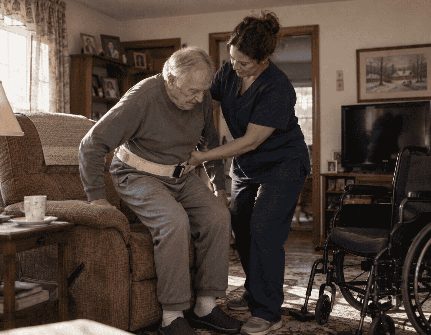 A caregiver uses a gait belt to steady an older man as he rises from his recliner.
